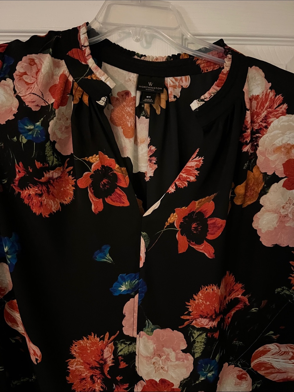 Worthington Black Floral Blouse with Red, Pink & Blue Accents size 0X